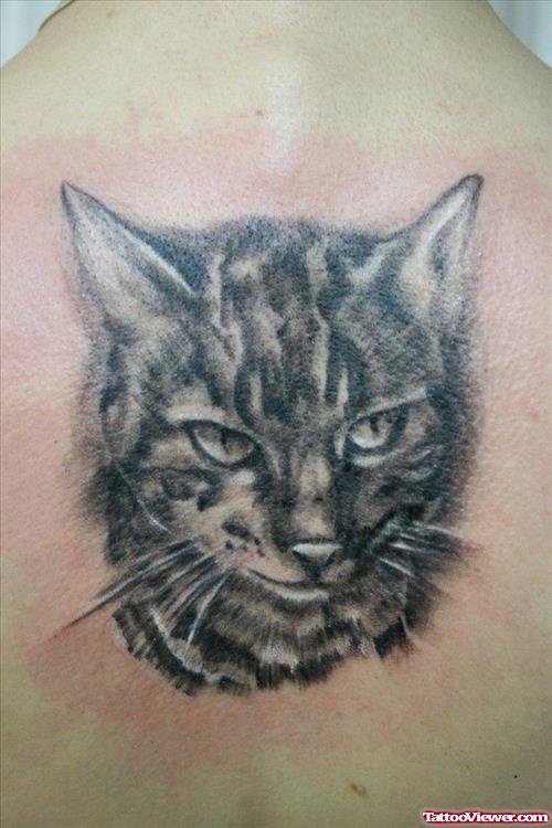 Grey Ink Cat Face Tattoo On Back