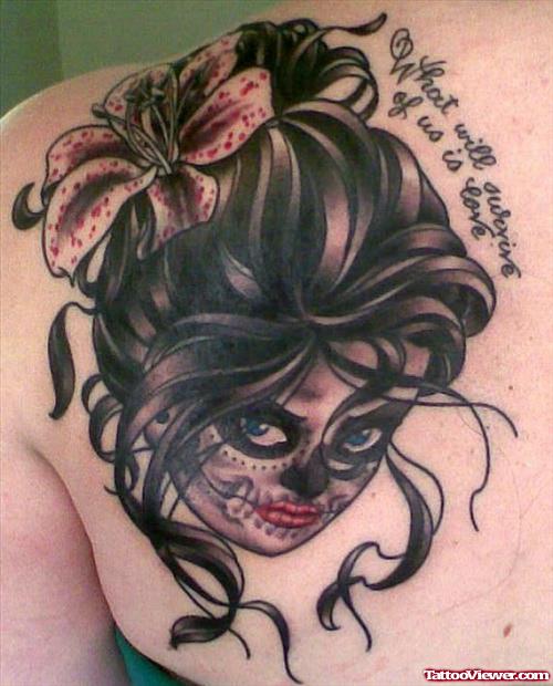 Grey Flower And Girl Face Tattoo On Back Shoulder