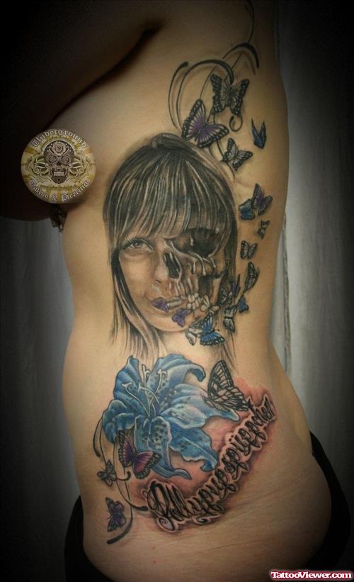 Flower Butterflies And Zombie Girl Face Tattoo