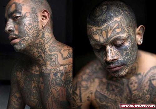 Tribal And Numeric Face Tattoo For Men