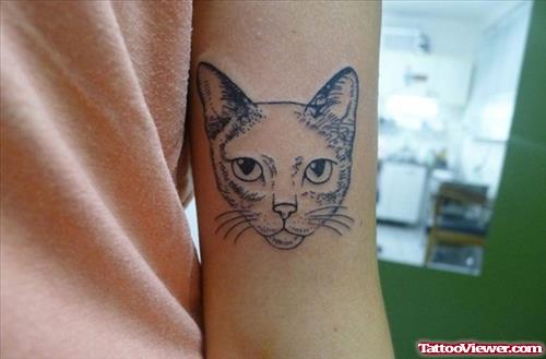 Grey Ink Cat Head Face Tattoo