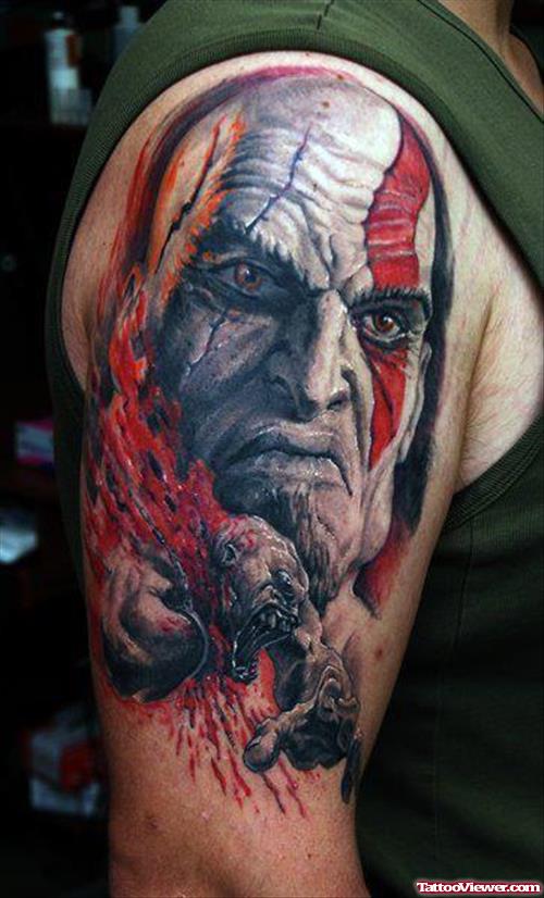 Demon Face Tattoo On Right Half Sleeve