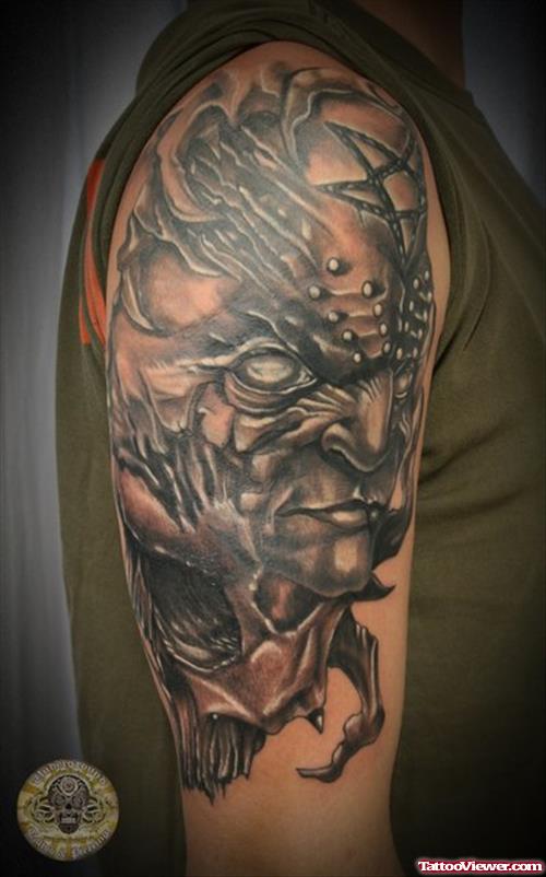 Demon Face Tattoo On Half Sleeve