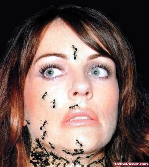 Black Ink ANts Face Tattoo For Girls