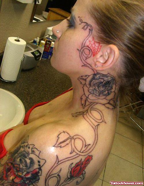 Rose Flower Tribal And Spider Web Face Tattoo For Girls