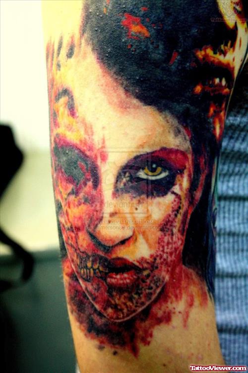 Colored Zombie Face Tattoo On Sleeve