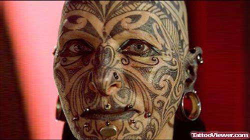 Black Ink Tribal Face Tattoo For Women