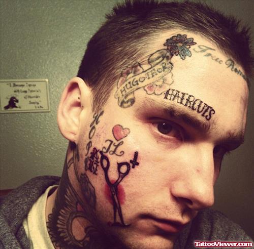 Scissor And Heart Face Tattoo For Men
