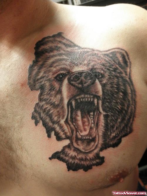 Roaring Bear Face Tattoo On Chest