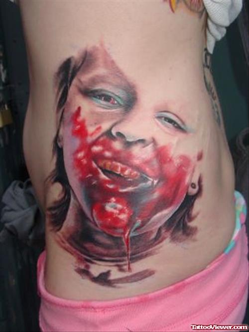 Zombie Girl Face Tattoo On Side Rib
