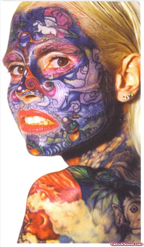 Color Flowers And Sea Creatures Face Tattoo For Girls