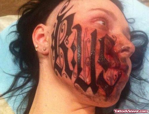 Black Ink Ambigram Face Tattoo For Girls