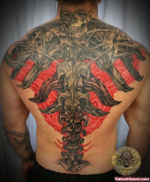 Grey Ink Biolecnical And Skull Face Tattoo On Back