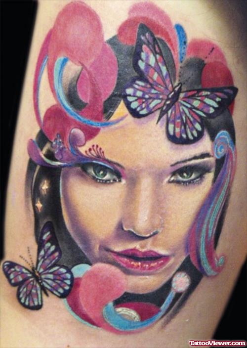 Colored Butterflies And Girl Face Tattoo