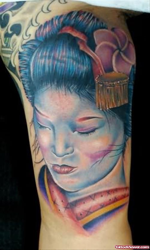 Geisha Girl Face Tattoo On Half Sleeve