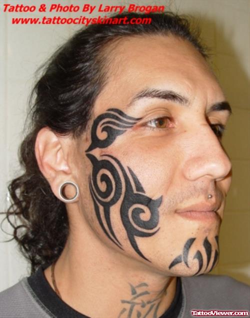 Black Ink Tribal Face Tattoo For Guys