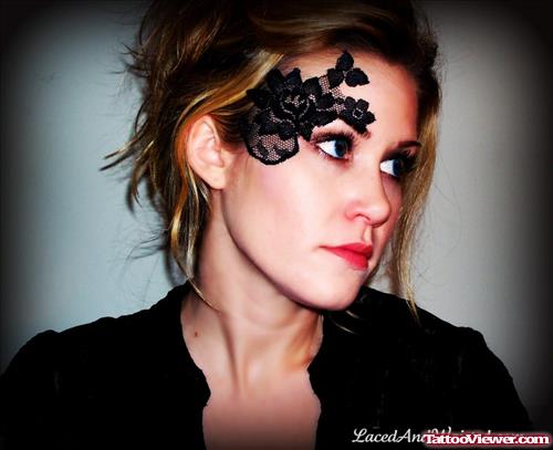 Black Ink Flowers Face Tattoo For Girls