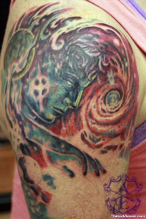 Galactic Face Tattoo On Shoulder