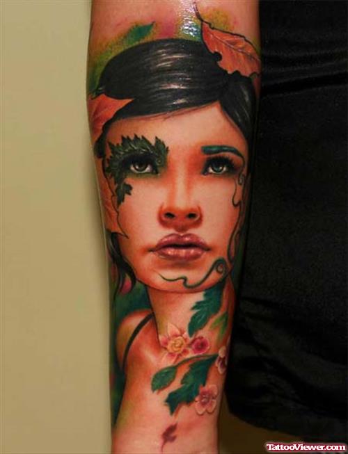 Colored Girl Head Face Tattoo On Sleeve