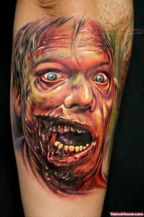Awesome Colored Zombie Face Tattoo On Sleeve