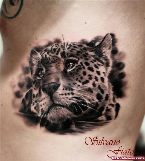 Grey Ink Tiger Head Side Rib Tattoo