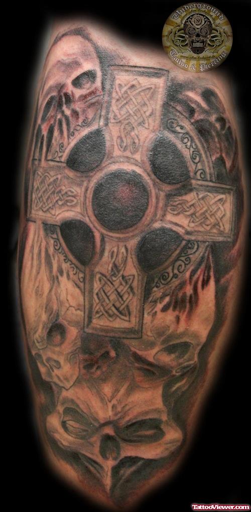 Celtic Cross And Skull Face Tattoo