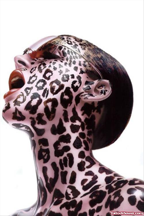Black Ink Leopard Print Face Tattoo