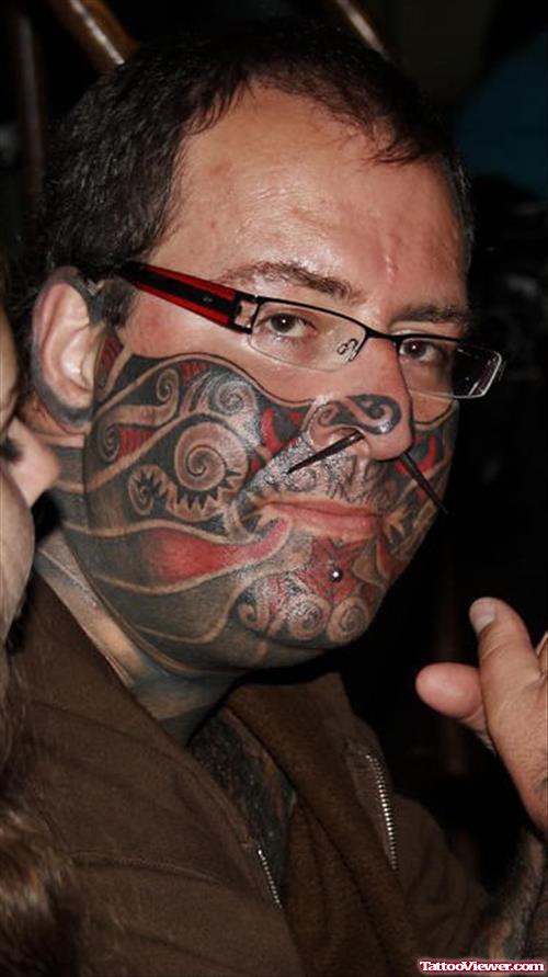 Black And Red Ink Face Tattoo For Men