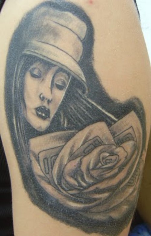 Grey Ink Rose Flower And Girl Face Tattoo