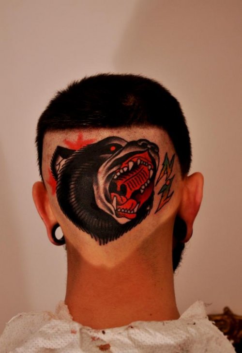 Black Ink Bear Face Tattoo On Back Head