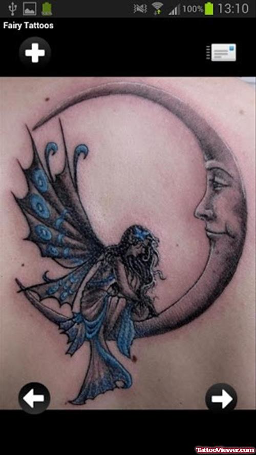 Blue Ink Fairy And Moon Tattoo