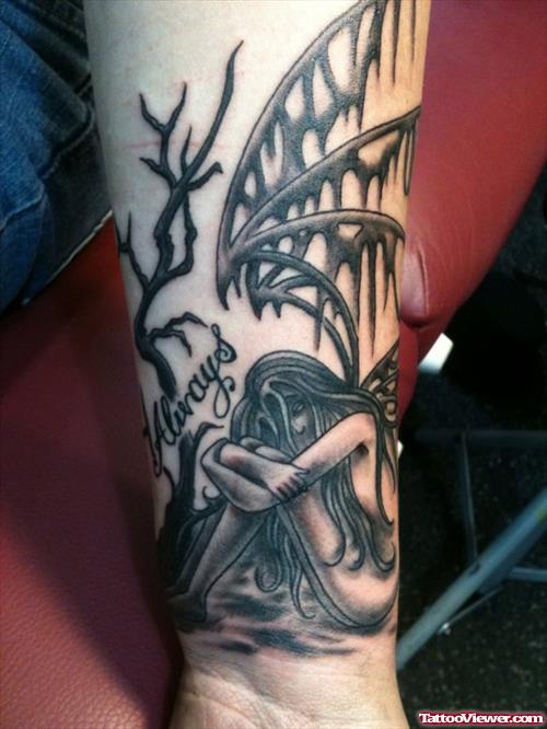 Black Ink Tree And Fairy Tattoo