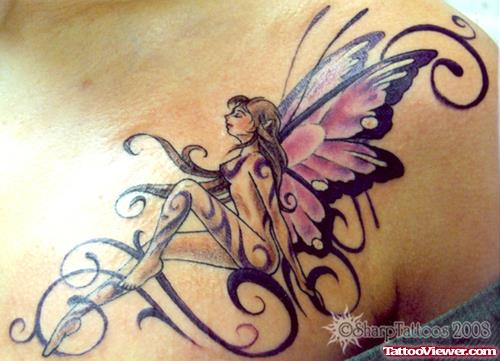 Tribal And Colored Fairy Tattoo On Collarbone