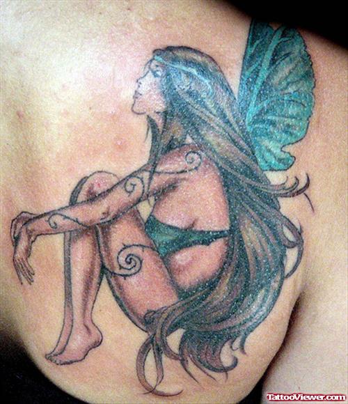 Sitting Fairy Tattoo On Right BAck SHoulder