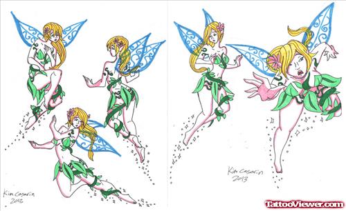 Colored Flying Fairies Tattoos Designs