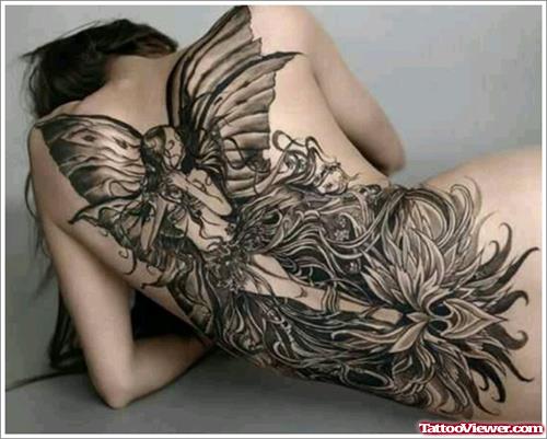 Tribal Flowers And Fairy Tattoo On Back Body