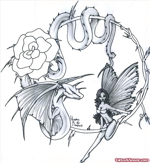 Rose, Dragon And Fairy Tattoo Design