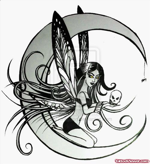 Moon And Fairy With Skull Tattoo Design