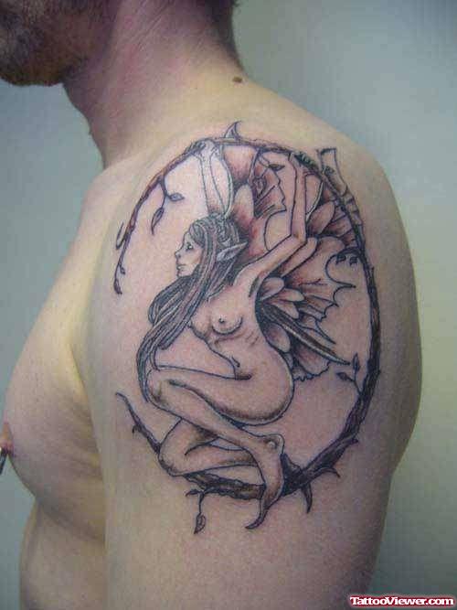 Moon And Fairy Tattoo On Left Shoulder