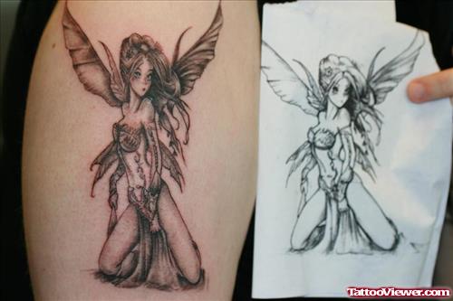 Half Sleeve Grey Ink Fairy Tattoo Design