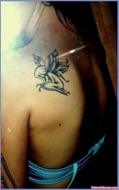 Grey Ink Fairy Tattoo On Left Back Shoulder