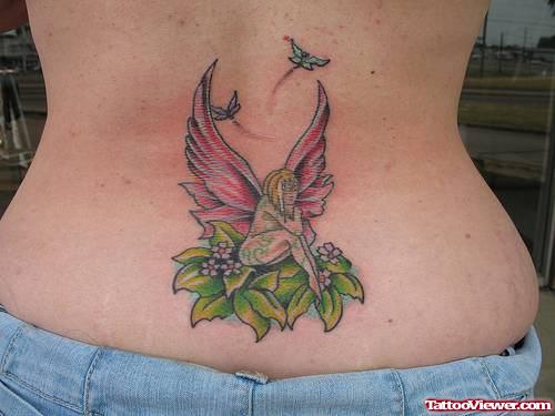 Flying Butterflies And Fairy Tattoo On Lowerback