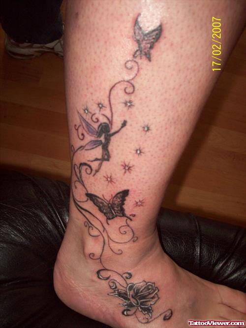 Butterflies And Fairy Tattoo On Leg