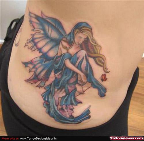 Blue Ink Fairy Tattoo On Side