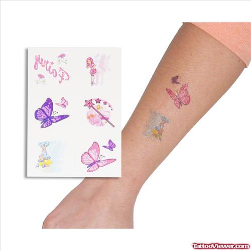 Pink Butterfly And Fairy Tattoo On Forearm