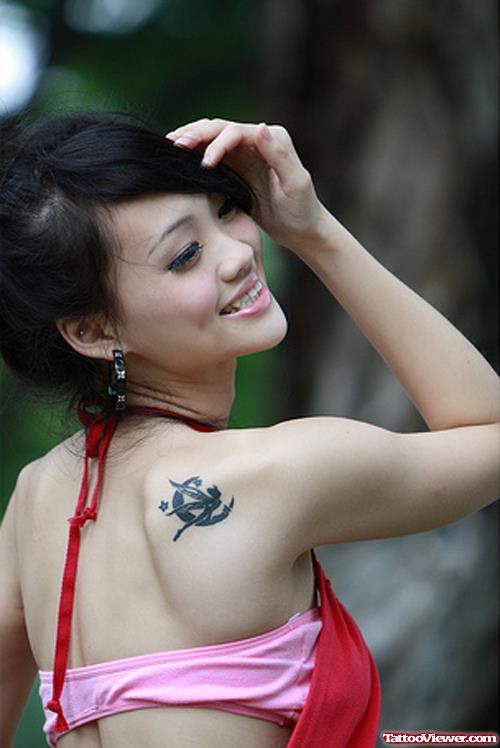 Moon And Fairy Tattoo On Right Back SHoulder