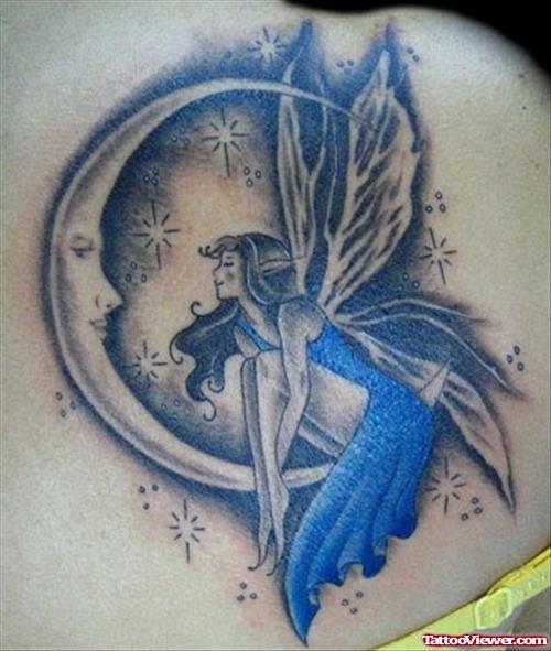Grey Ink Moon And Fairy Tattoo On Back Shoulder