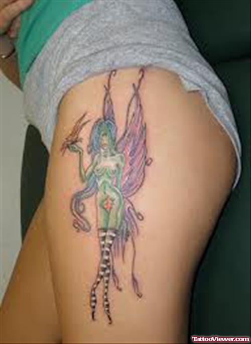 Colorful Fairy Tattoo On Left Leg