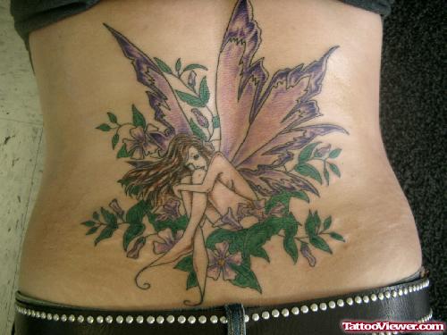 Amazing Green Leafs And Fairy Tattoo On Lowerback