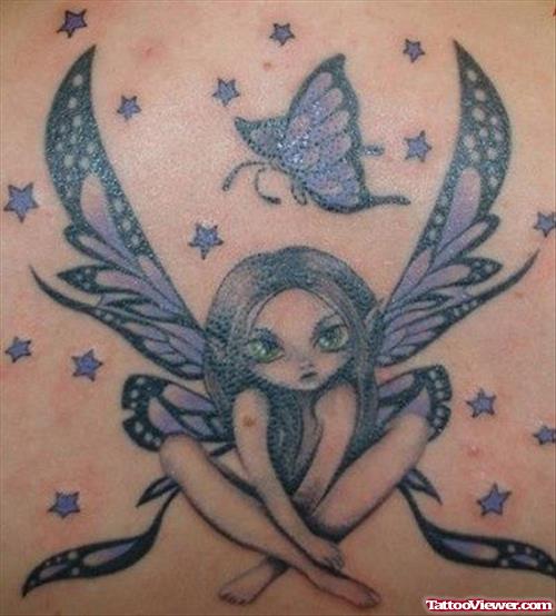 Stars Flying Butterfly And Fairy Tattoo